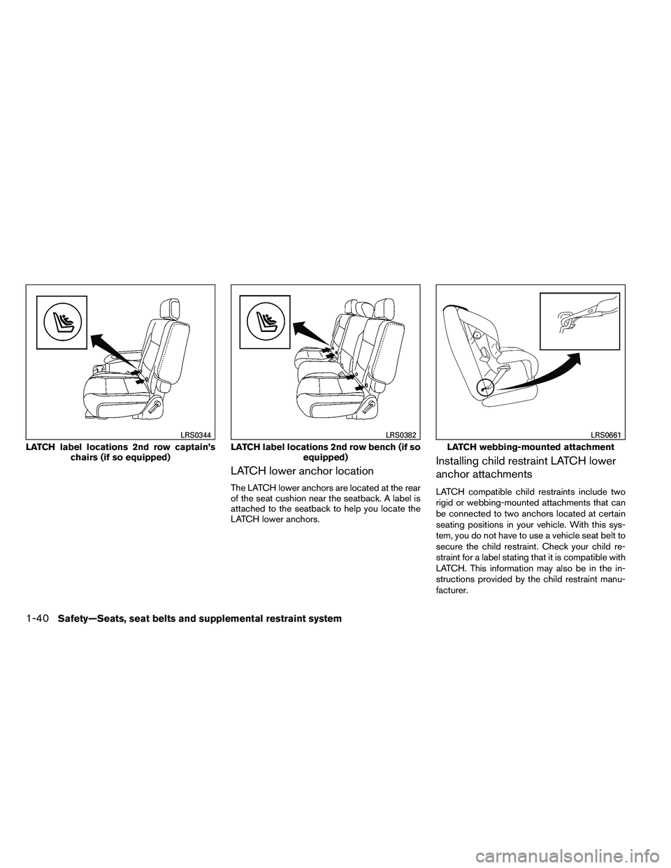 NISSAN ARMADA 2011 Workshop Manual LATCH lower anchor location
The LATCH lower anchors are located at the rear
of the seat cushion near the seatback. A label is
attached to the seatback to help you locate the
LATCH lower anchors.
Insta