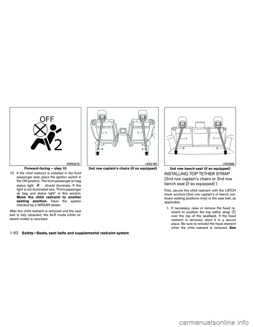 NISSAN ARMADA 2011 Manual PDF 10. If the child restraint is installed in the frontpassenger seat, place the ignition switch in
the ON position. The front passenger air bag
status light 