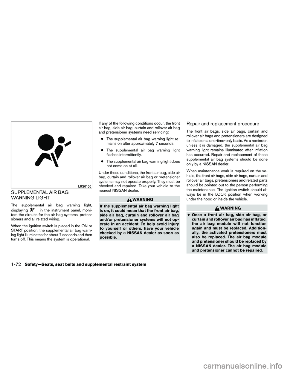 NISSAN ARMADA 2011  Owners Manual SUPPLEMENTAL AIR BAG
WARNING LIGHT
The supplemental air bag warning light,
displaying 