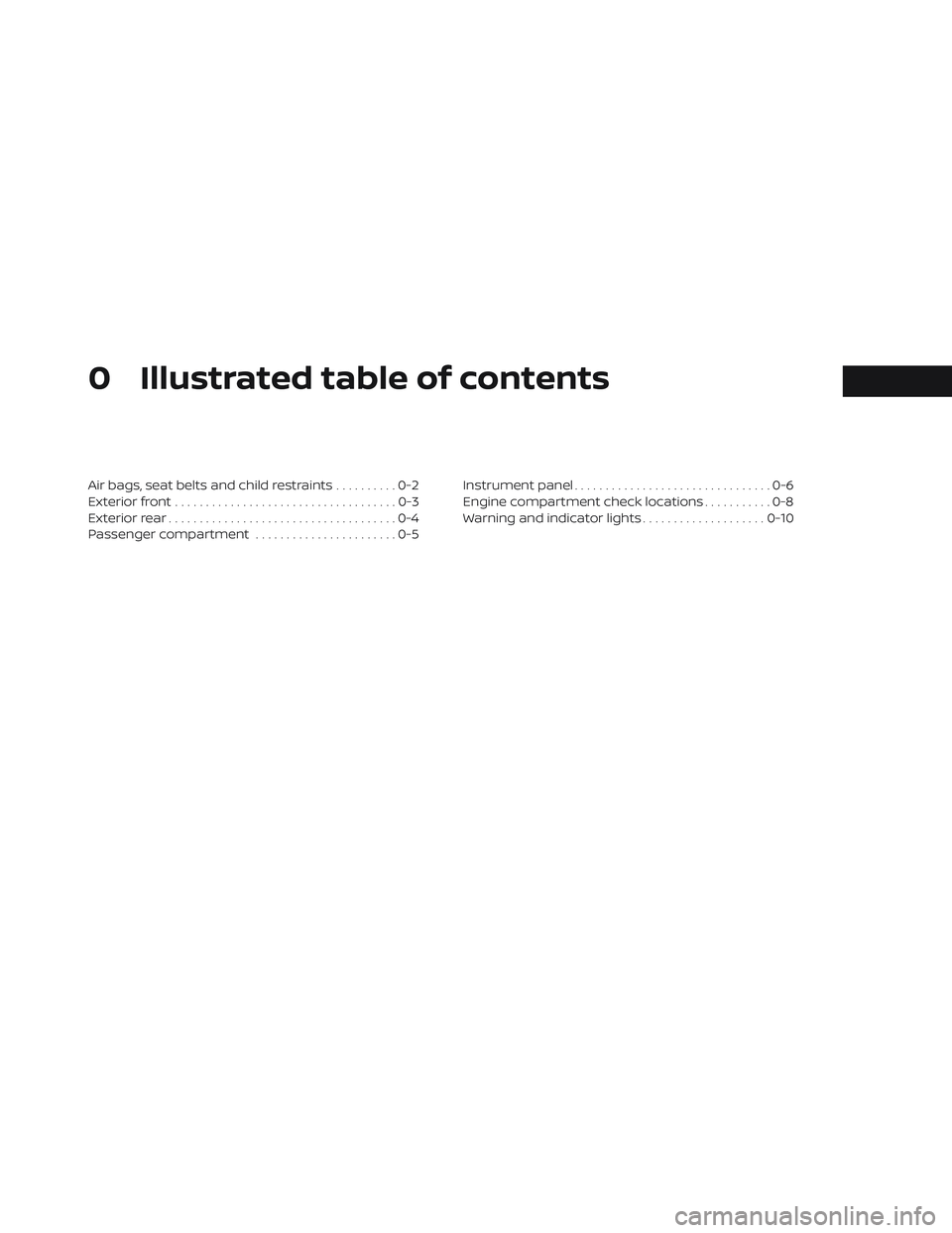 NISSAN FRONTIER 2023  Owners Manual 0 Illustrated table of contents
Air bags, seat belts and child restraints..........0-2
Exterior front ....................................0-3
Exterior rear .....................................0-4
Pas