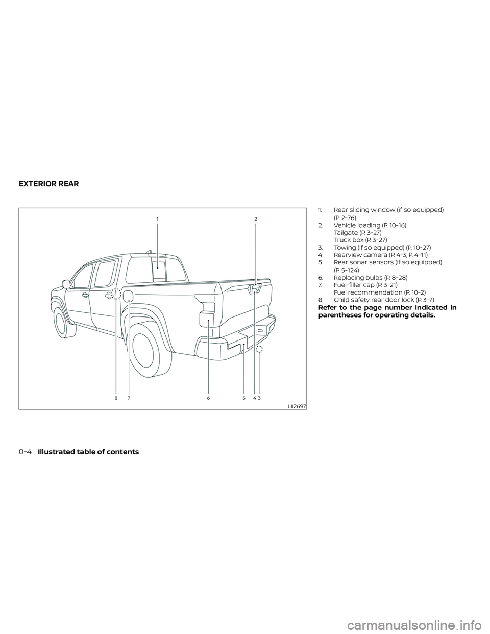 NISSAN FRONTIER 2023  Owners Manual 1. Rear sliding window (if so equipped)(P. 2-76)
2. Vehicle loading (P. 10-16) Tailgate (P. 3-27)
Truck box (P. 3-27)
3. Towing (if so equipped) (P. 10-27)
4 Rearview camera (P. 4-3, P. 4-11)
5 Rear s