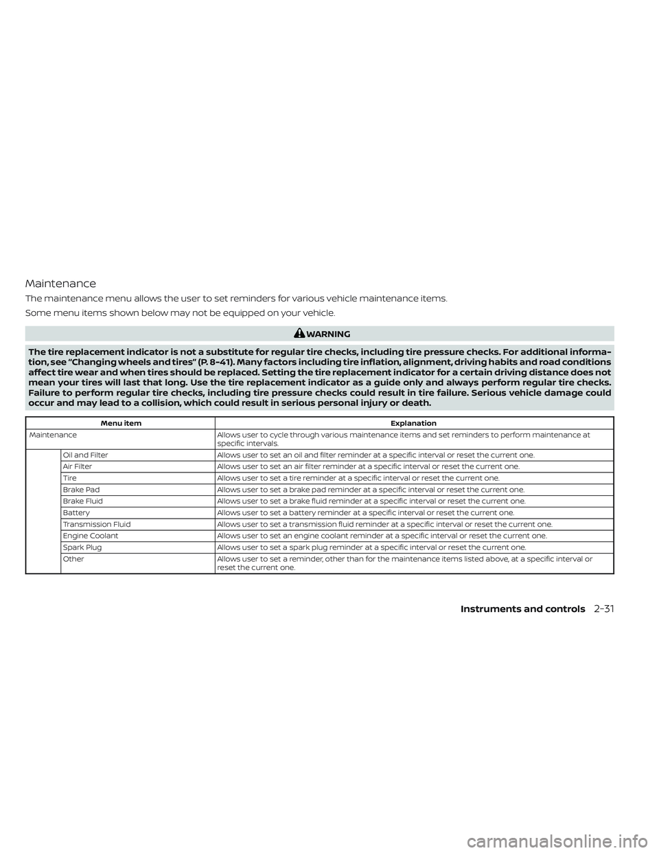 NISSAN FRONTIER 2023 User Guide Maintenance
The maintenance menu allows the user to set reminders for various vehicle maintenance items.
Some menu items shown below may not be equipped on your vehicle.
WARNING
The tire replacement i