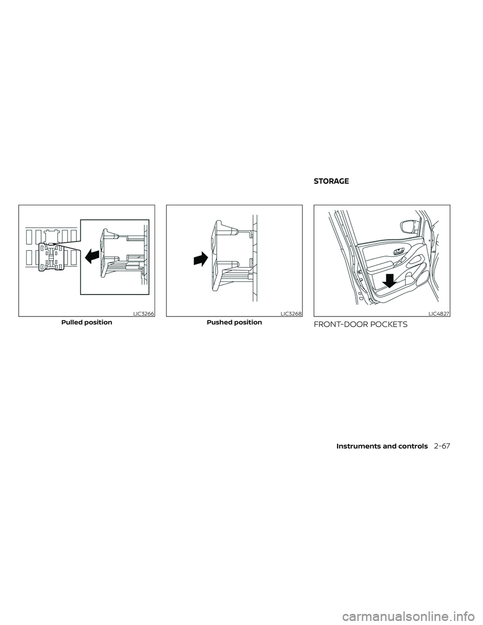 NISSAN FRONTIER 2023  Owners Manual FRONT-DOOR POCKETS
LIC3266
Pulled position
LIC3268
Pushed position
LIC4827
STORAGE
Instruments and controls2-67 