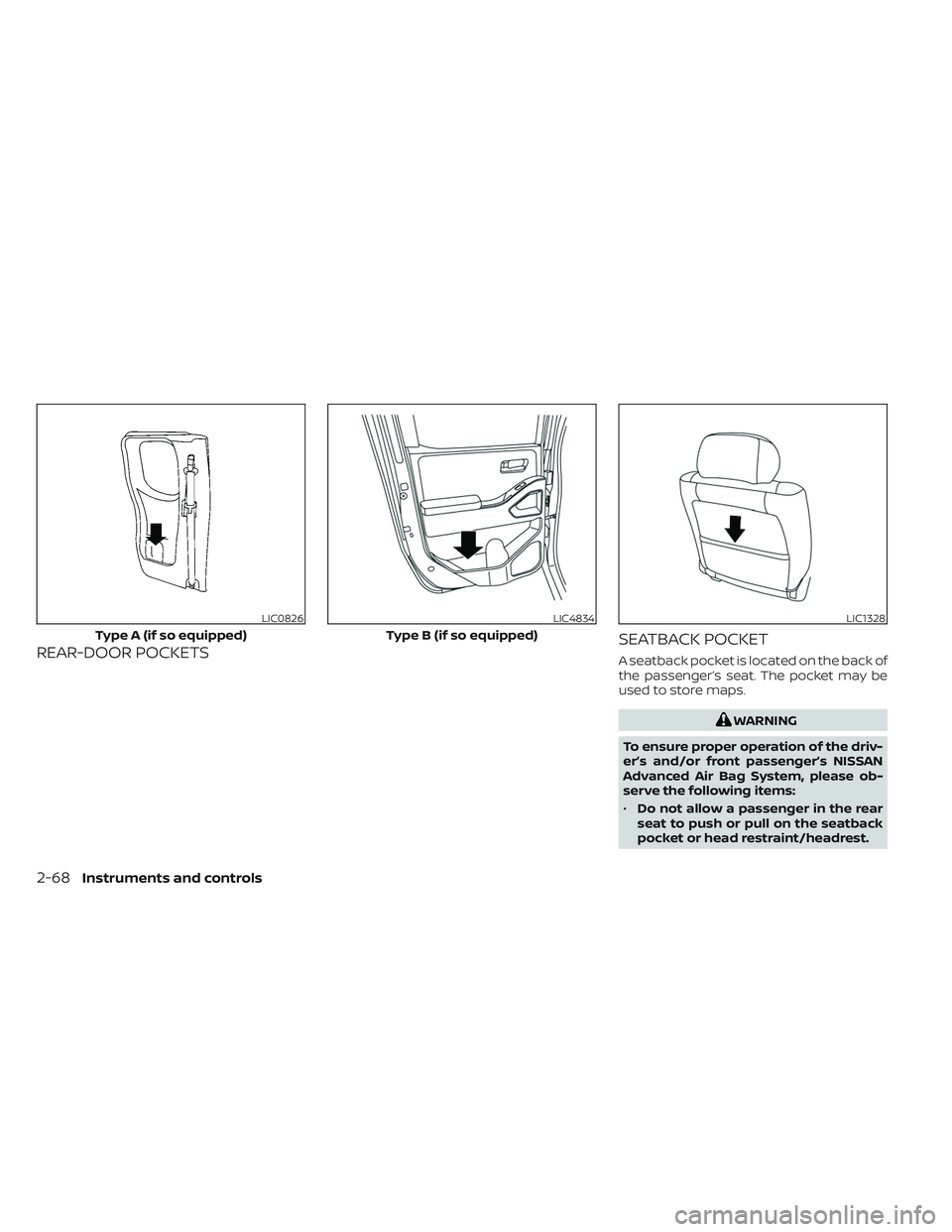 NISSAN FRONTIER 2023  Owners Manual REAR-DOOR POCKETSSEATBACK POCKETA seatback pocket is located on the back of
the passenger’s seat. The pocket may be
used to store maps.
WARNING
To ensure proper operation of the driv-
er’s and/or 