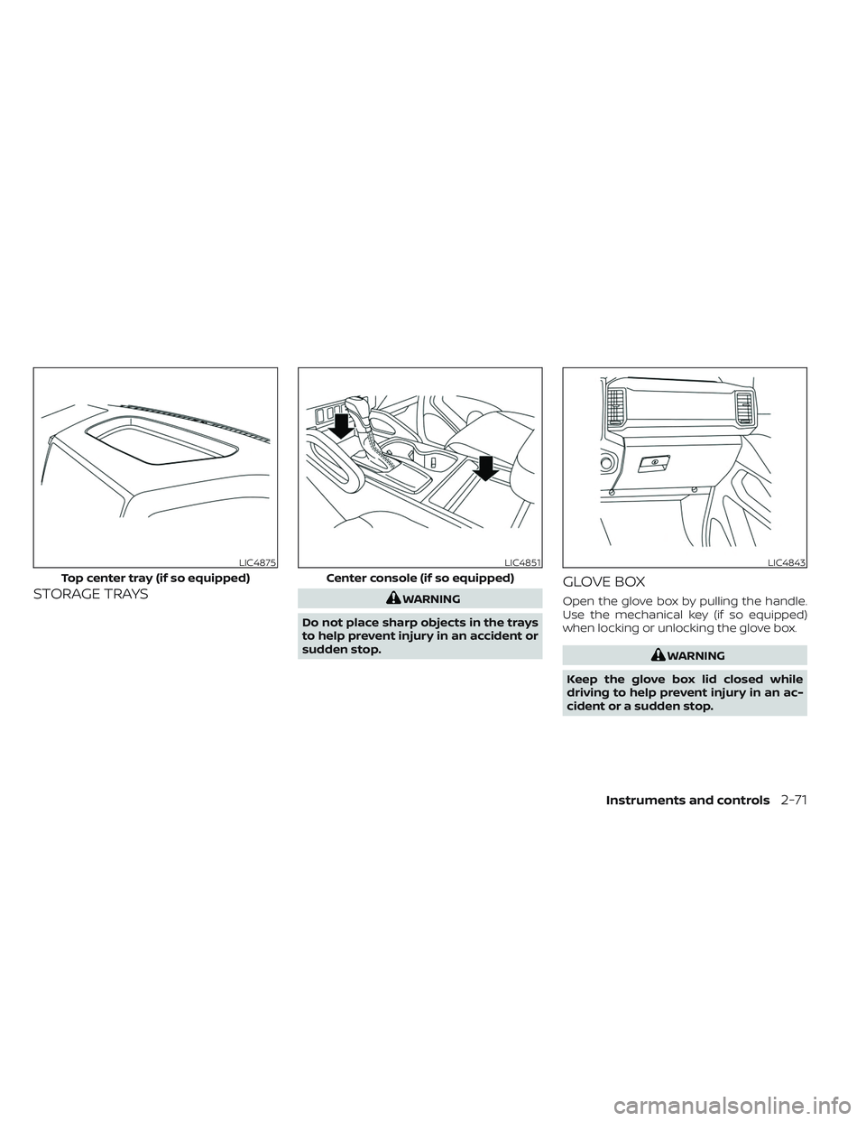 NISSAN FRONTIER 2023  Owners Manual STORAGE TRAYSWARNING
Do not place sharp objects in the trays
to help prevent injury in an accident or
sudden stop.
GLOVE BOX
Open the glove box by pulling the handle.
Use the mechanical key (if so equ