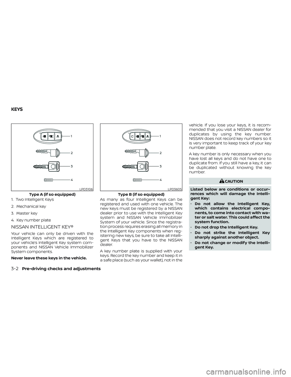 NISSAN FRONTIER 2023 Owners Manual NISSAN INTELLIGENT KEY®
Your vehicle can only be driven with the
Intelligent Keys which are registered to
your vehicle’s Intelligent Key system com-
ponents and NISSAN Vehicle Immobilizer
System co NISSAN FRONTIER 2023 Owners Manual NISSAN INTELLIGENT KEY®
Your vehicle can only be driven with the
Intelligent Keys which are registered to
your vehicle’s Intelligent Key system com-
ponents and NISSAN Vehicle Immobilizer
System co