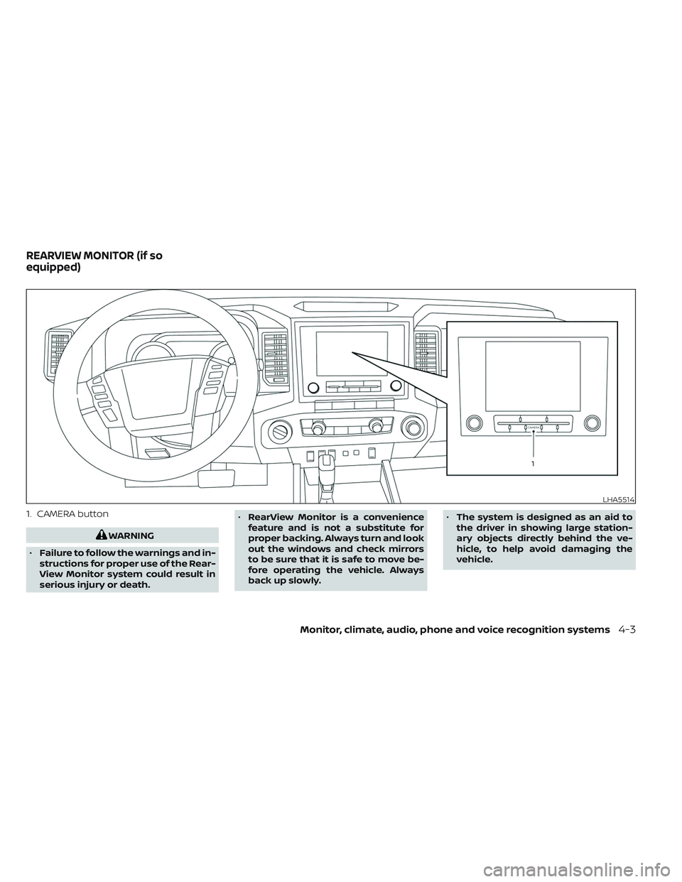 NISSAN FRONTIER 2023  Owners Manual 1. CAMERA button
WARNING
• Failure to follow the warnings and in-
structions for proper use of the Rear-
View Monitor system could result in
serious injury or death. •
RearView Monitor is a conven