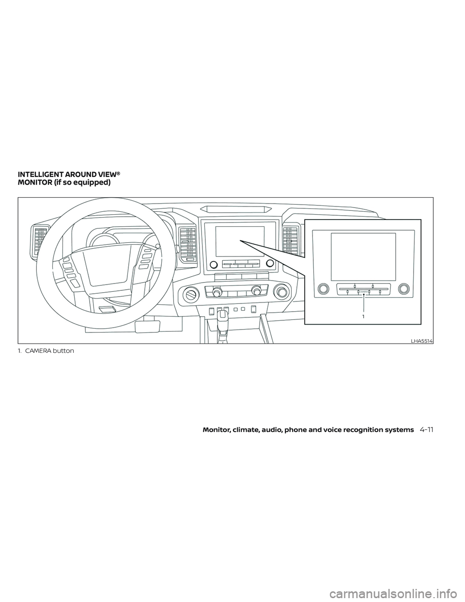 NISSAN FRONTIER 2023 Owners Manual 1. CAMERA button
LHA5514
INTELLIGENT AROUND VIEW®
MONITOR (if so equipped)
Monitor, climate, audio, phone and voice recognition systems4-11 NISSAN FRONTIER 2023 Owners Manual 1. CAMERA button
LHA5514
INTELLIGENT AROUND VIEW®
MONITOR (if so equipped)
Monitor, climate, audio, phone and voice recognition systems4-11