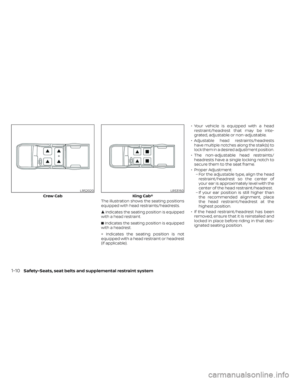 NISSAN FRONTIER 2023  Owners Manual The illustration shows the seating positions
equipped with head restraints/headrests.
Indicates the seating position is equipped
with a head restraint.
Indicates the seating position is equipped
wit