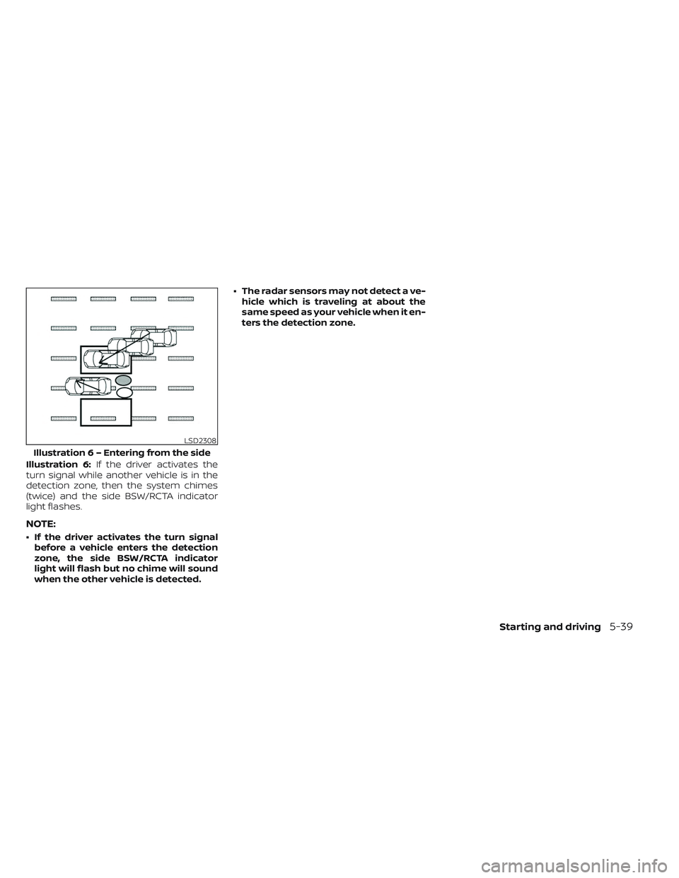 NISSAN FRONTIER 2023 Owners Manual Illustration 6:If the driver activates the
turn signal while another vehicle is in the
detection zone, then the system chimes
(twice) and the side BSW/RCTA indicator
light flashes.
NOTE:
• If the dr NISSAN FRONTIER 2023 Owners Manual Illustration 6:If the driver activates the
turn signal while another vehicle is in the
detection zone, then the system chimes
(twice) and the side BSW/RCTA indicator
light flashes.
NOTE:
• If the dr