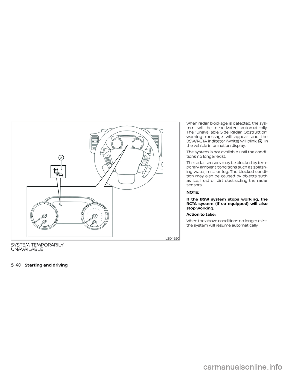 NISSAN FRONTIER 2023 Owners Guide SYSTEM TEMPORARILY
UNAVAILABLE
When radar blockage is detected, the sys-
tem will be deactivated automatically.
The “Unavailable Side Radar Obstruction”
warning message will appear and the
BSW/RCT NISSAN FRONTIER 2023 Owners Guide SYSTEM TEMPORARILY
UNAVAILABLE
When radar blockage is detected, the sys-
tem will be deactivated automatically.
The “Unavailable Side Radar Obstruction”
warning message will appear and the
BSW/RCT