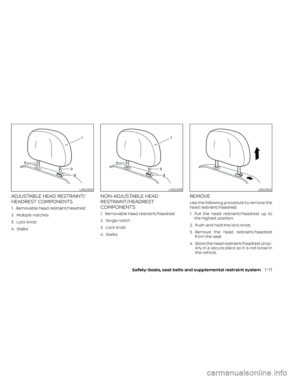NISSAN FRONTIER 2023 Owners Guide ADJUSTABLE HEAD RESTRAINT/
HEADREST COMPONENTS
1. Removable head restraint/headrest
2. Multiple notches
3. Lock knob
4. Stalks
NON-ADJUSTABLE HEAD
RESTRAINT/HEADREST
COMPONENTS
1. Removable head restr
