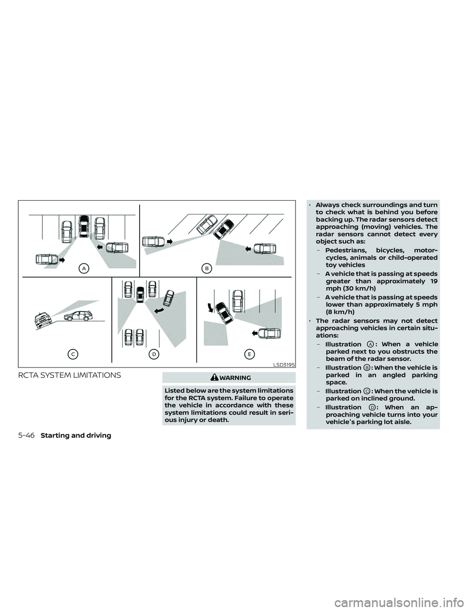 NISSAN FRONTIER 2023  Owners Manual RCTA SYSTEM LIMITATIONSWARNING
Listed below are the system limitations
for the RCTA system. Failure to operate
the vehicle in accordance with these
system limitations could result in seri-
ous injury 