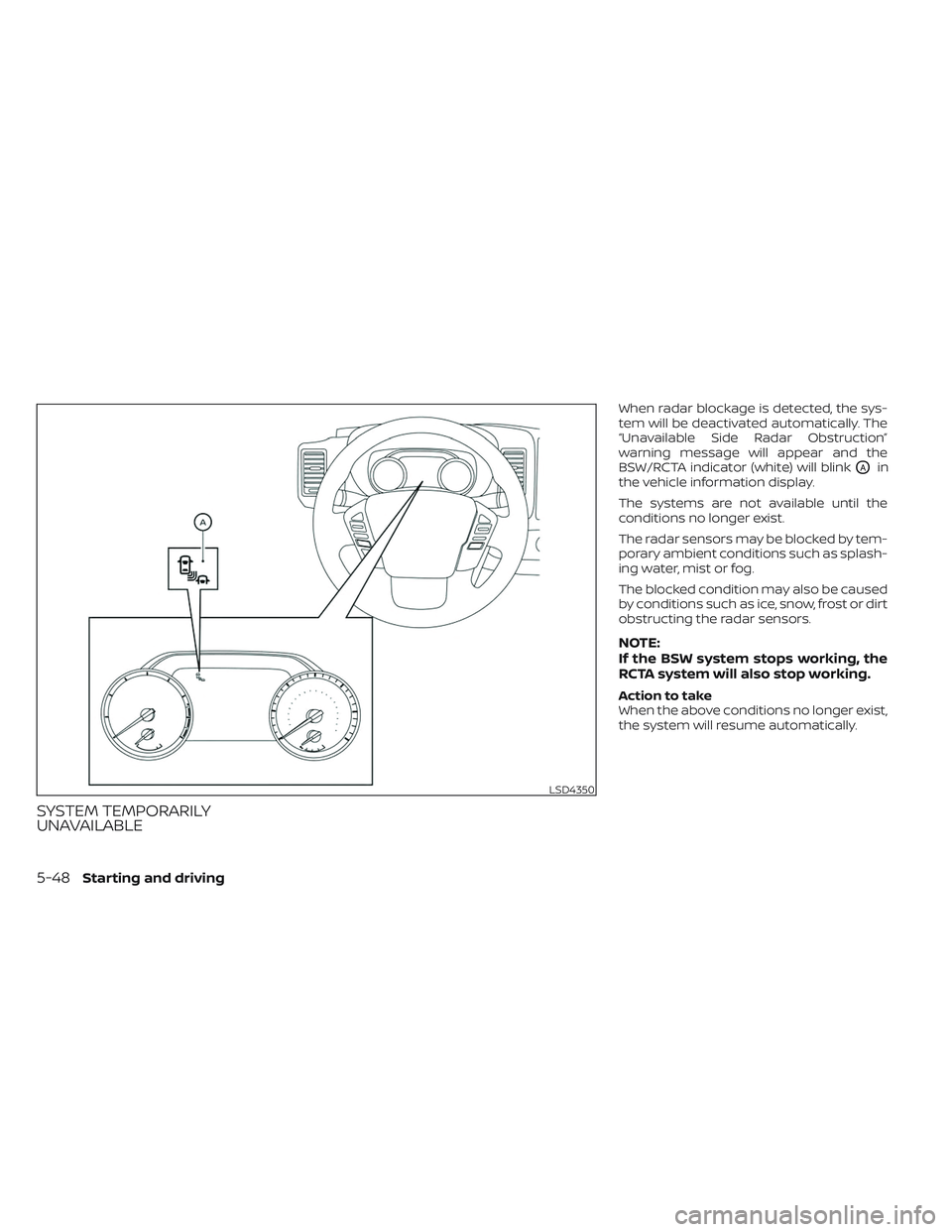 NISSAN FRONTIER 2023 Owners Guide SYSTEM TEMPORARILY
UNAVAILABLE
When radar blockage is detected, the sys-
tem will be deactivated automatically. The
“Unavailable Side Radar Obstruction”
warning message will appear and the
BSW/RCT NISSAN FRONTIER 2023 Owners Guide SYSTEM TEMPORARILY
UNAVAILABLE
When radar blockage is detected, the sys-
tem will be deactivated automatically. The
“Unavailable Side Radar Obstruction”
warning message will appear and the
BSW/RCT