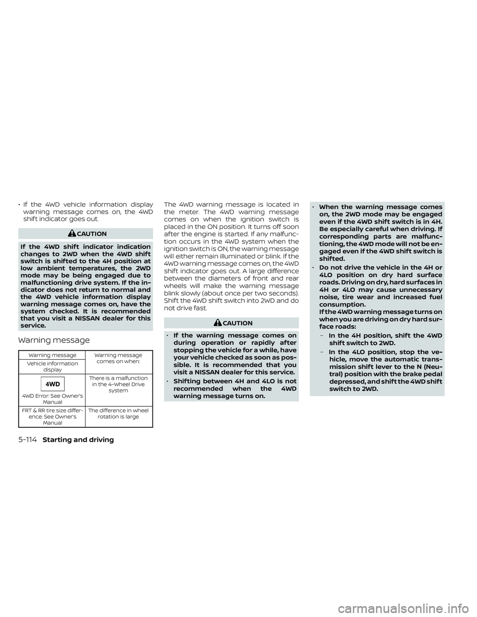 NISSAN FRONTIER 2023 Owners Manual • If the 4WD vehicle information displaywarning message comes on, the 4WD
shif t indicator goes out.
CAUTION
If the 4WD shif t indicator indication
changes to 2WD when the 4WD shif t
switch is shif NISSAN FRONTIER 2023 Owners Manual • If the 4WD vehicle information displaywarning message comes on, the 4WD
shif t indicator goes out.
CAUTION
If the 4WD shif t indicator indication
changes to 2WD when the 4WD shif t
switch is shif