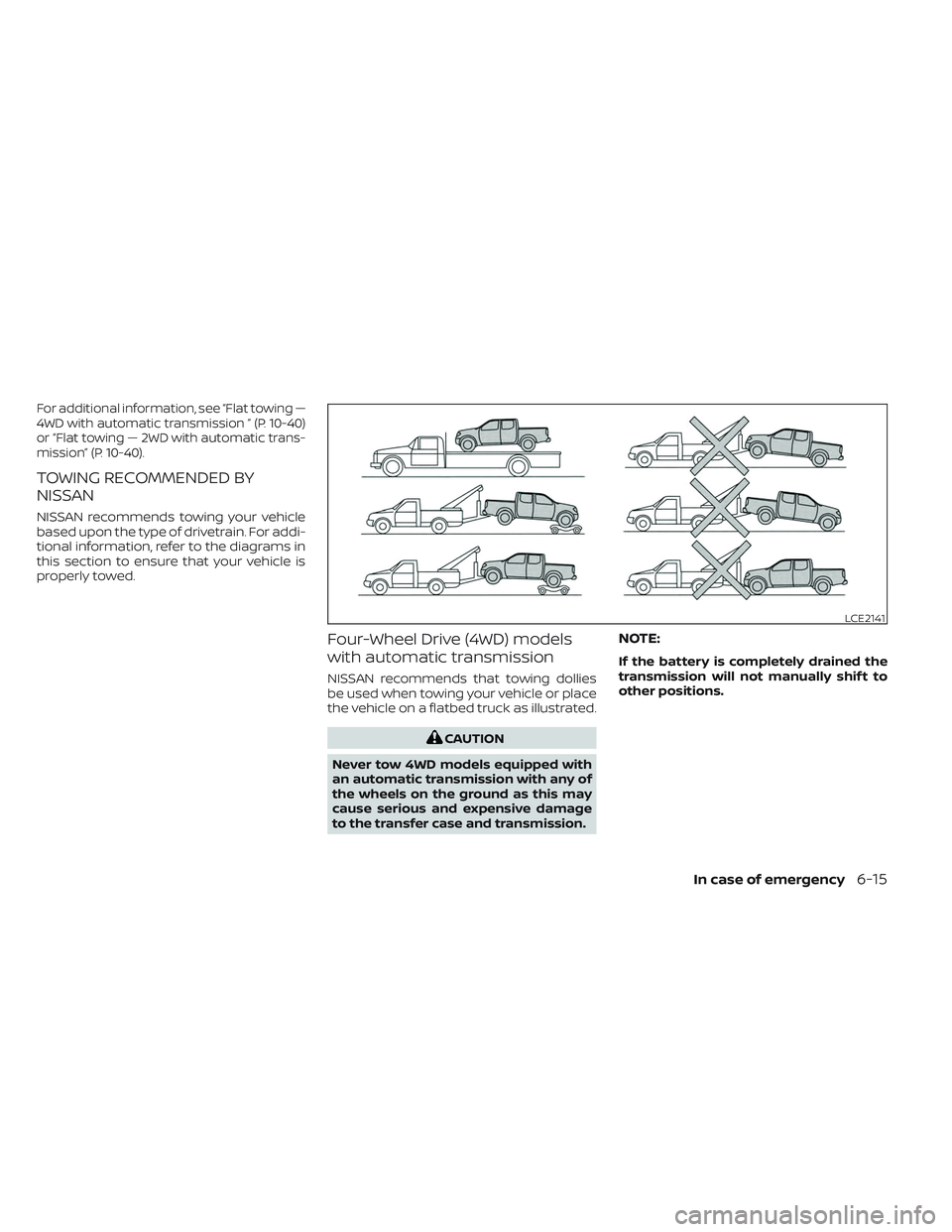 NISSAN FRONTIER 2023 Owners Manual For additional information, see “Flat towing —
4WD with automatic transmission ” (P. 10-40)
or “Flat towing — 2WD with automatic trans-
mission” (P. 10-40).
TOWING RECOMMENDED BY
NISSAN
NI NISSAN FRONTIER 2023 Owners Manual For additional information, see “Flat towing —
4WD with automatic transmission ” (P. 10-40)
or “Flat towing — 2WD with automatic trans-
mission” (P. 10-40).
TOWING RECOMMENDED BY
NISSAN
NI