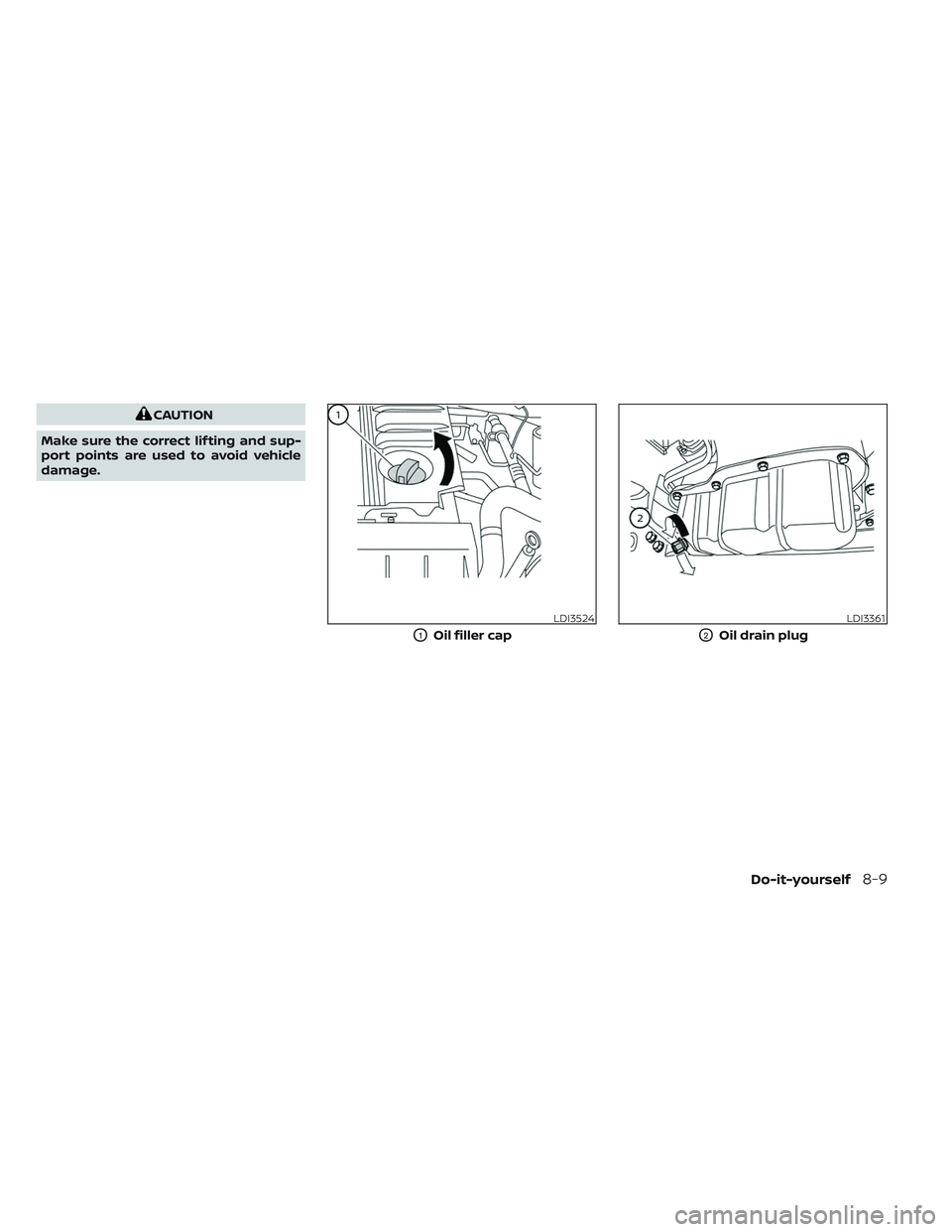 NISSAN FRONTIER 2023  Owners Manual CAUTION
Make sure the correct lif ting and sup-
port points are used to avoid vehicle
damage.
LDI3524
O1Oil filler cap
LDI3361
O2Oil drain plug
Do-it-yourself8-9 