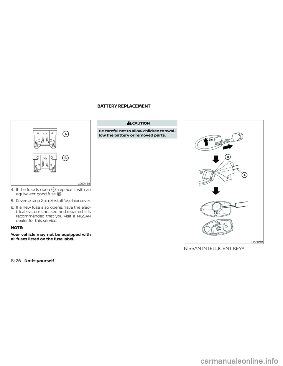 NISSAN FRONTIER 2023  Owners Manual 4. If the fuse is openOA, replace it with an
equivalent good fuse
OB.
5. Reverse step 2 to reinstall fuse box cover.
6. If a new fuse also opens, have the elec- trical system checked and repaired. It 