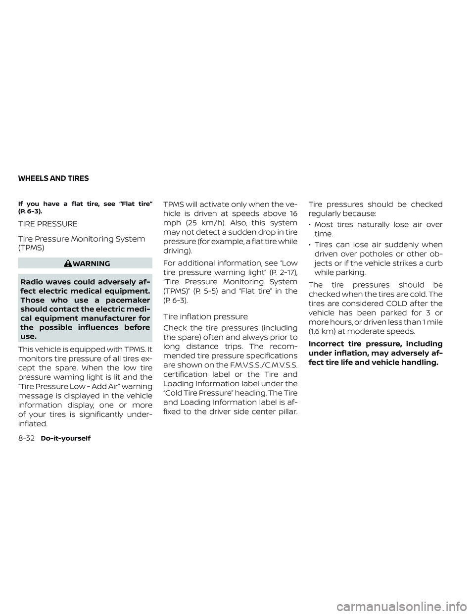 NISSAN FRONTIER 2023  Owners Manual If you have a flat tire, see “Flat tire”
(P. 6-3).
TIRE PRESSURE
Tire Pressure Monitoring System
(TPMS)
WARNING
Radio waves could adversely af-
fect electric medical equipment.
Those who use a pac