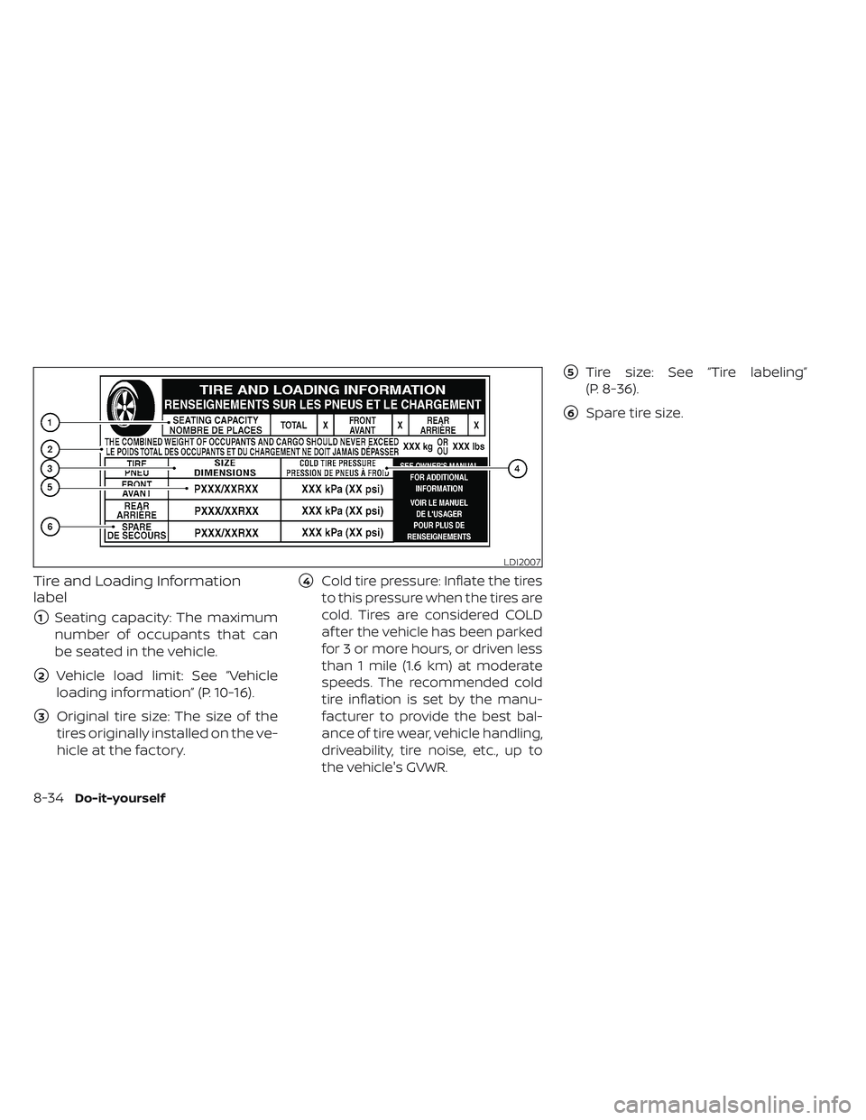NISSAN FRONTIER 2023  Owners Manual Tire and Loading Information
label
1Seating capacity: The maximum
number of occupants that can
be seated in the vehicle.
2Vehicle load limit: See “Vehicle
loading information” (P. 10-16).
3Orig