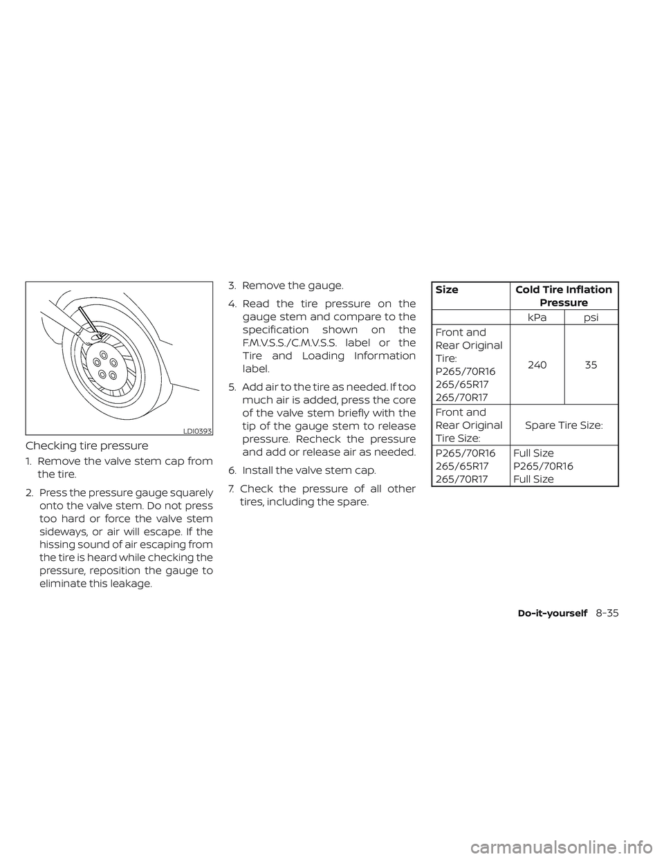 NISSAN FRONTIER 2023  Owners Manual Checking tire pressure
1. Remove the valve stem cap fromthe tire.
2.
Press the pressure gauge squarely
onto the valve stem. Do not press
too hard or force the valve stem
sideways, or air will escape. 