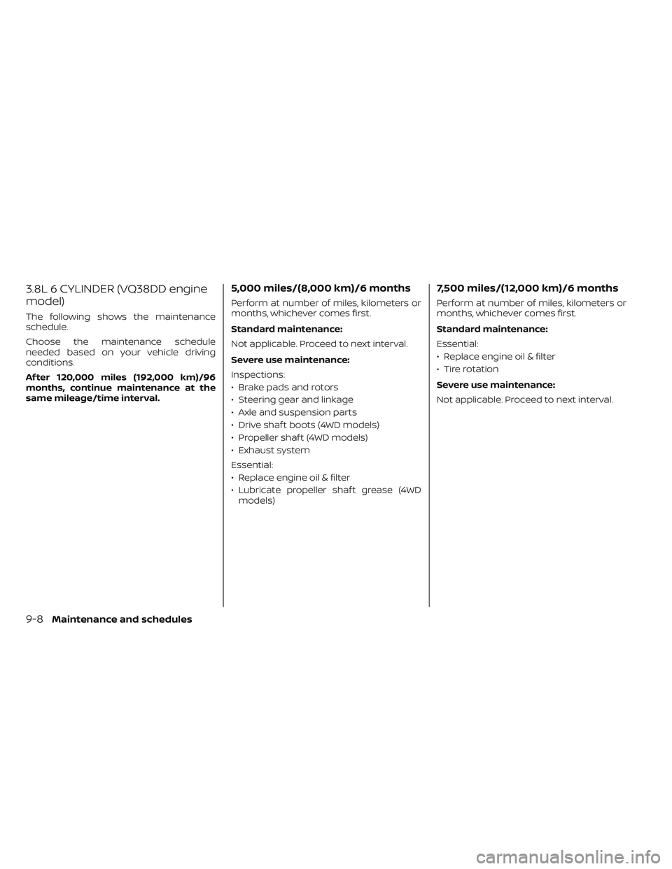 NISSAN FRONTIER 2023  Owners Manual 3.8L 6 CYLINDER (VQ38DD engine
model)
The following shows the maintenance
schedule.
Choose the maintenance schedule
needed based on your vehicle driving
conditions.
Af ter 120,000 miles (192,000 km)/9