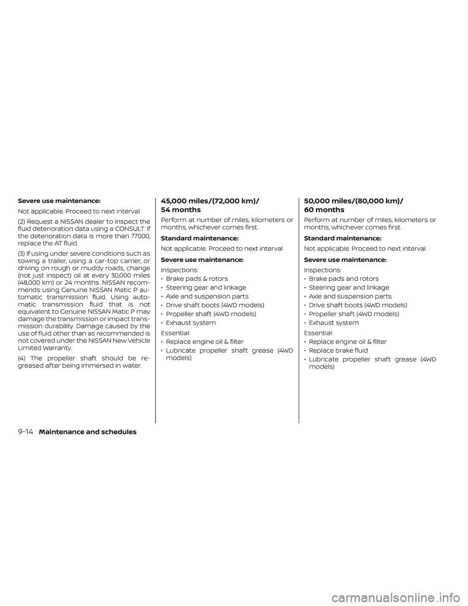 NISSAN FRONTIER 2023  Owners Manual Severe use maintenance:
Not applicable. Proceed to next interval
(2) Request a NISSAN dealer to inspect the
fluid deterioration data using a CONSULT. If
the deterioration data is more than 77000,
repl