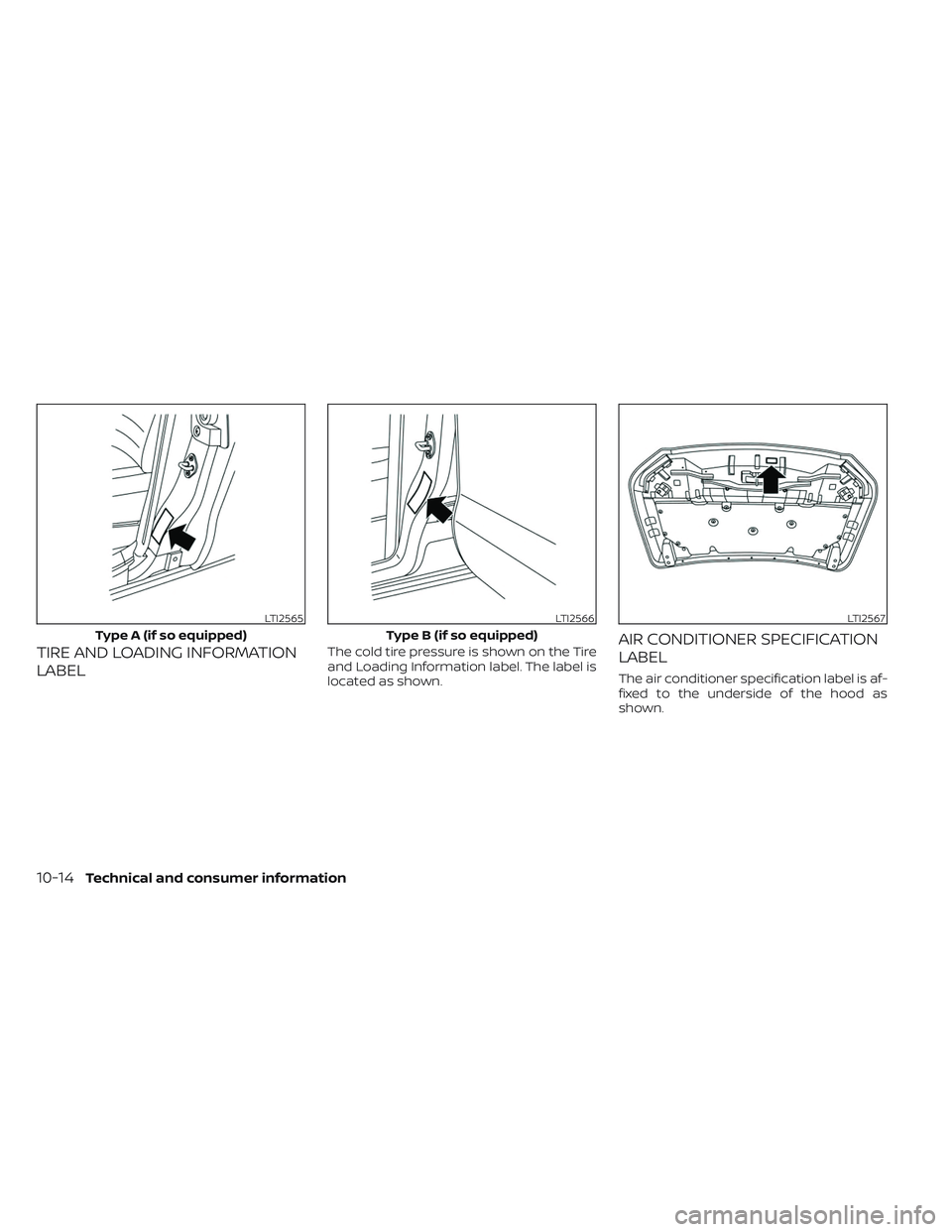 NISSAN FRONTIER 2023  Owners Manual TIRE AND LOADING INFORMATION
LABELThe cold tire pressure is shown on the Tire
and Loading Information label. The label is
located as shown.AIR CONDITIONER SPECIFICATION
LABEL
The air conditioner speci