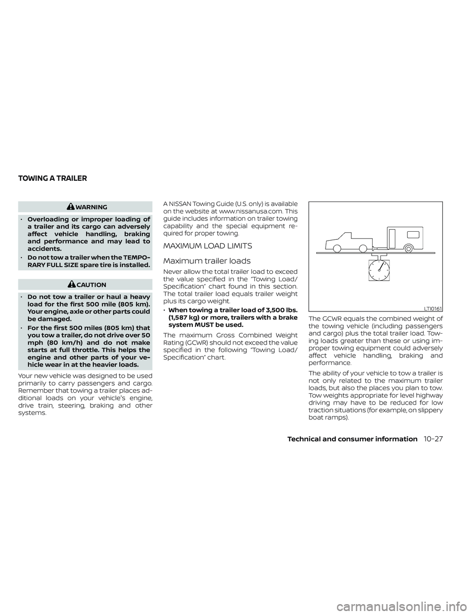 NISSAN FRONTIER 2023 Owners Manual WARNING
• Overloading or improper loading of
a trailer and its cargo can adversely
affect vehicle handling, braking
and performance and may lead to
accidents.
• Do not tow a trailer when the TEMPO NISSAN FRONTIER 2023 Owners Manual WARNING
• Overloading or improper loading of
a trailer and its cargo can adversely
affect vehicle handling, braking
and performance and may lead to
accidents.
• Do not tow a trailer when the TEMPO