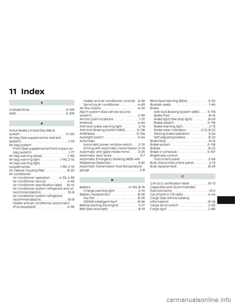 NISSAN FRONTIER 2023  Owners Manual 11 Index
4
4-Wheel Drive................5-1094WD......................5-109
A
Active Brake Limited Slip (ABLS)
system....................5-120Air bag (See supplemental restraint
system)...............