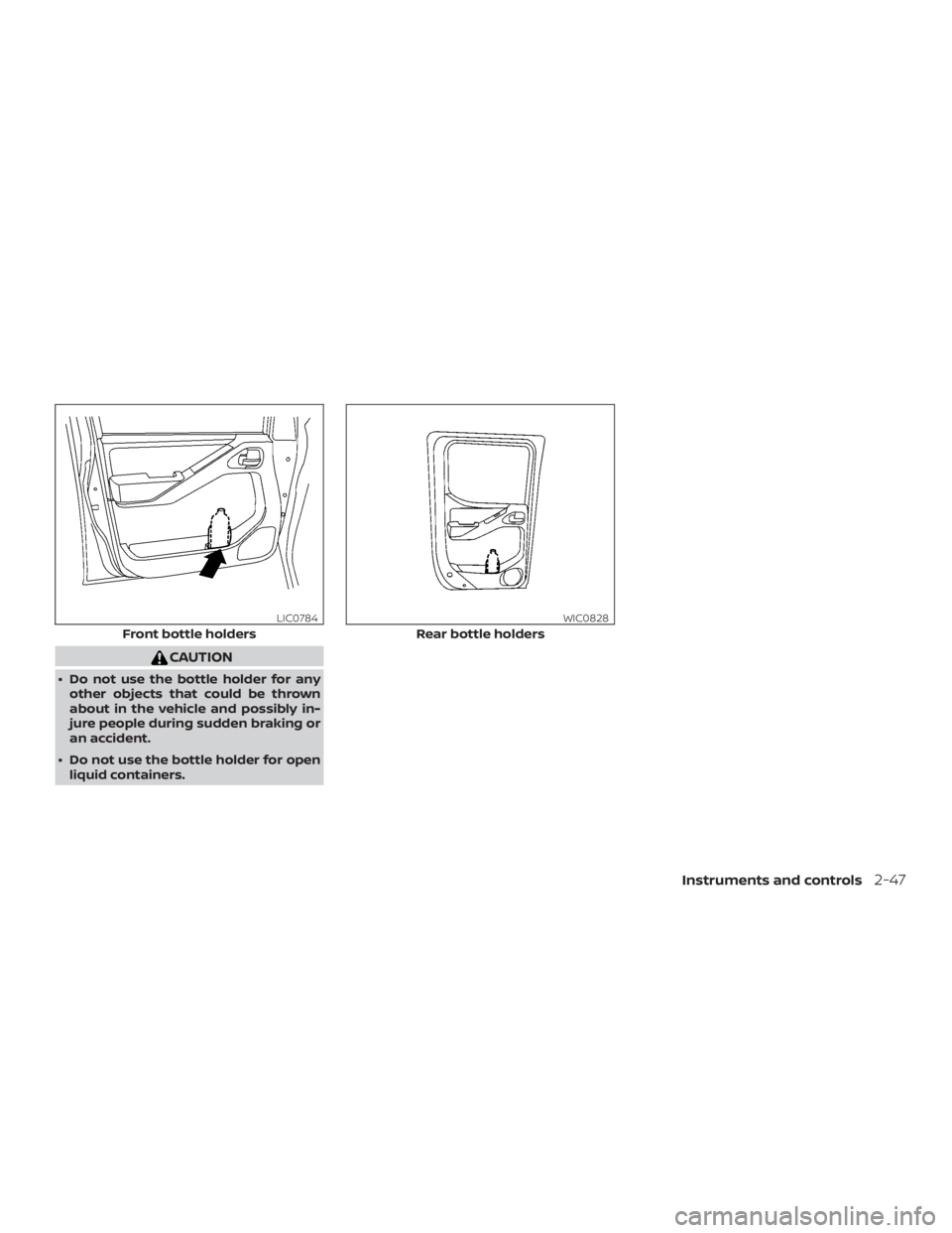 NISSAN FRONTIER PRO-4X 2019  Owners Manual CAUTION
∙ Do not use the bottle holder for anyother objects that could be thrown
about in the vehicle and possibly in-
jure people during sudden braking or
an accident.
∙ Do not use the bottle hol