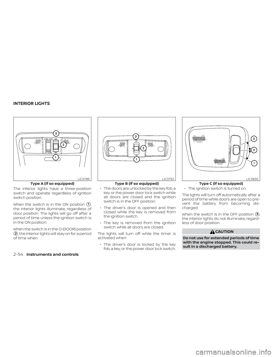 NISSAN FRONTIER PRO-4X 2019  Owners Manual The interior lights have a three-position
switch and operate regardless of ignition
switch position.
When the switch is in the ON position
1,
the interior lights illuminate, regardless of
door positi