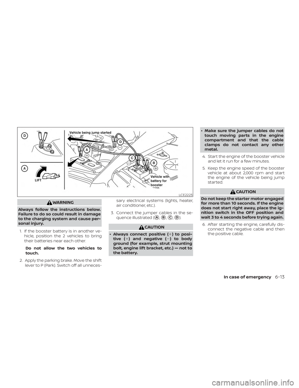 NISSAN FRONTIER PRO-4X 2019  Owners Manual WARNING
Always follow the instructions below.
Failure to do so could result in damage
to the charging system and cause per-
sonal injury.1. If the booster battery is in another ve- hicle, position the