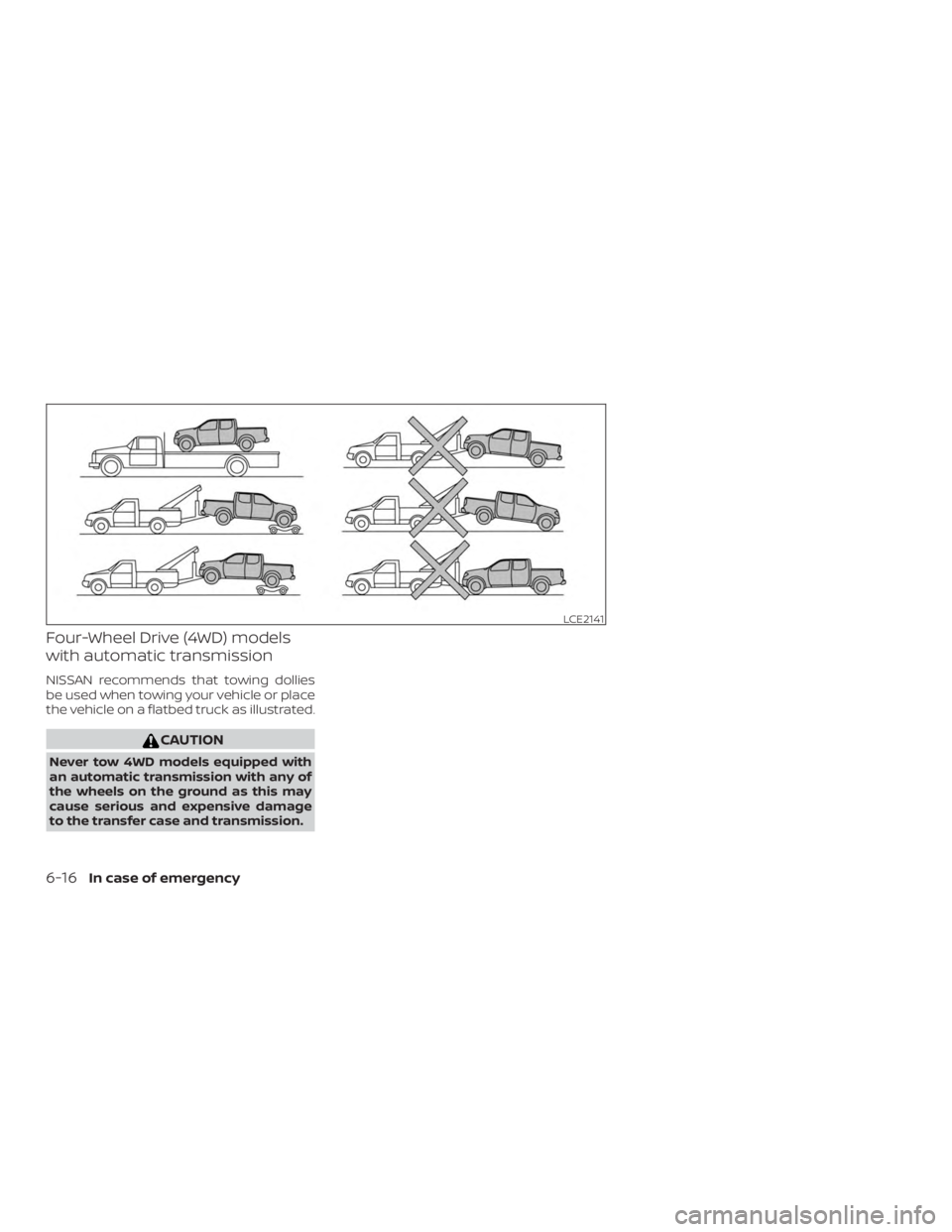 NISSAN FRONTIER PRO-4X 2019  Owners Manual Four-Wheel Drive (4WD) models
with automatic transmission
NISSAN recommends that towing dollies
be used when towing your vehicle or place
the vehicle on a flatbed truck as illustrated. 