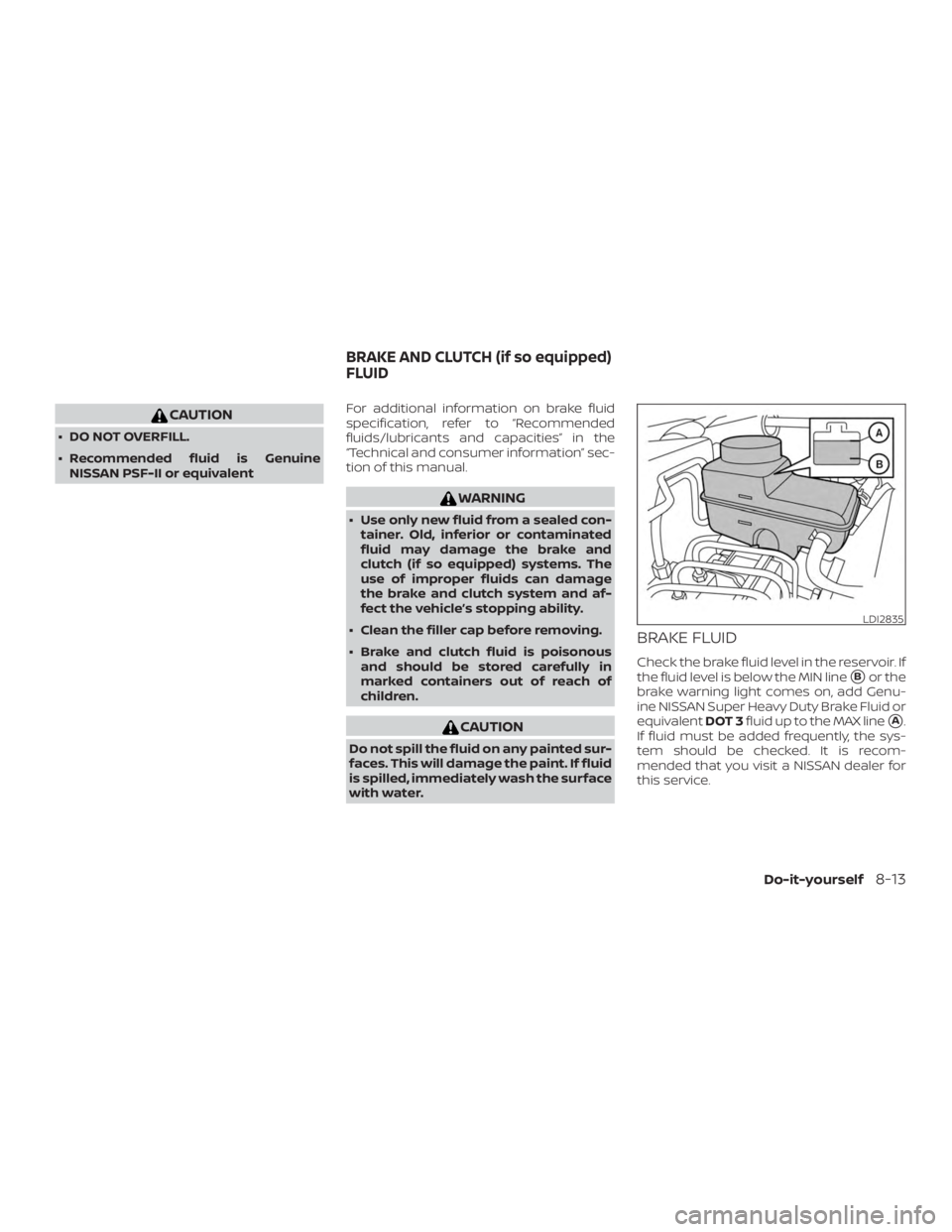 NISSAN FRONTIER PRO-4X 2019  Owners Manual CAUTION
∙ DO NOT OVERFILL.
∙ Recommended fluid is GenuineNISSAN PSF-II or equivalent For additional information on brake fluid
specification, refer to “Recommended
fluids/lubricants and capaciti
