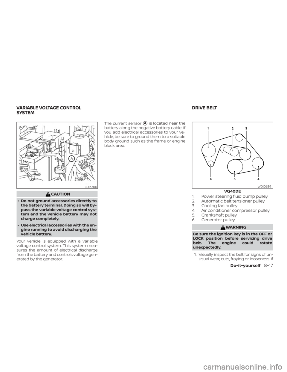 NISSAN FRONTIER PRO-4X 2019  Owners Manual CAUTION
∙ Do not ground accessories directly tothe battery terminal. Doing so will by-
pass the variable voltage control sys-
tem and the vehicle battery may not
charge completely.
∙ Use electrica