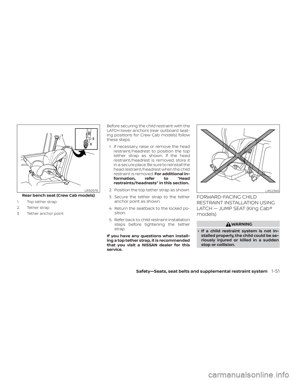 NISSAN FRONTIER PRO-4X 2019 Manual PDF 1. Top tether strap
2. Tether strap
3. Tether anchor point
Before securing the child restraint with the
LATCH lower anchors (rear outboard seat-
ing positions for Crew Cab models) follow
these steps.1 NISSAN FRONTIER PRO-4X 2019 Manual PDF 1. Top tether strap
2. Tether strap
3. Tether anchor point
Before securing the child restraint with the
LATCH lower anchors (rear outboard seat-
ing positions for Crew Cab models) follow
these steps.1