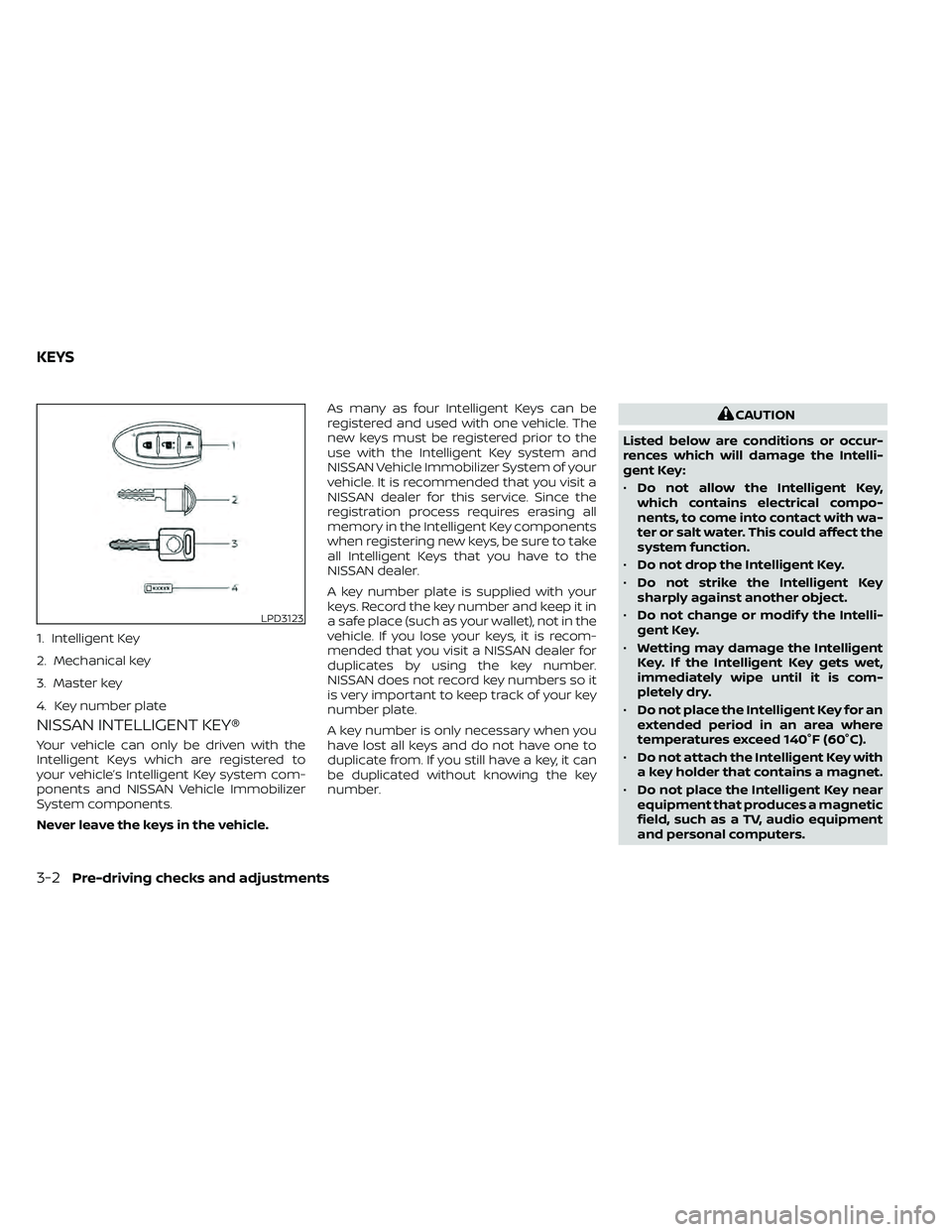 NISSAN FRONTIER 2021  Owners Manual NISSAN INTELLIGENT KEY®
Your vehicle can only be driven with the
Intelligent Keys which are registered to
your vehicle’s Intelligent Key system com-
ponents and NISSAN Vehicle Immobilizer
System co