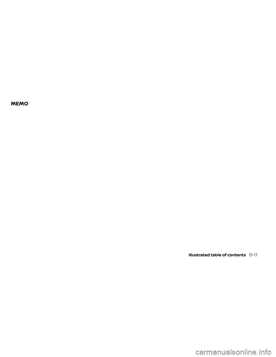 NISSAN FRONTIER 2021 Owners Manual MEMO
Illustrated table of contents0-11 