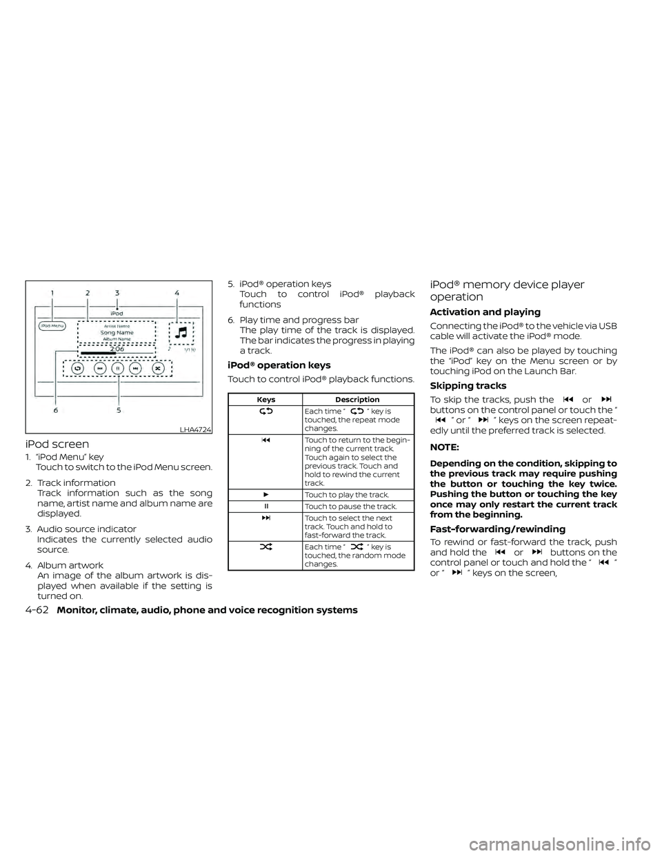 NISSAN FRONTIER 2021  Owners Manual iPod screen
1. “iPod Menu” keyTouch to switch to the iPod Menu screen.
2. Track information Track information such as the song
name, artist name and album name are
displayed.
3. Audio source indic
