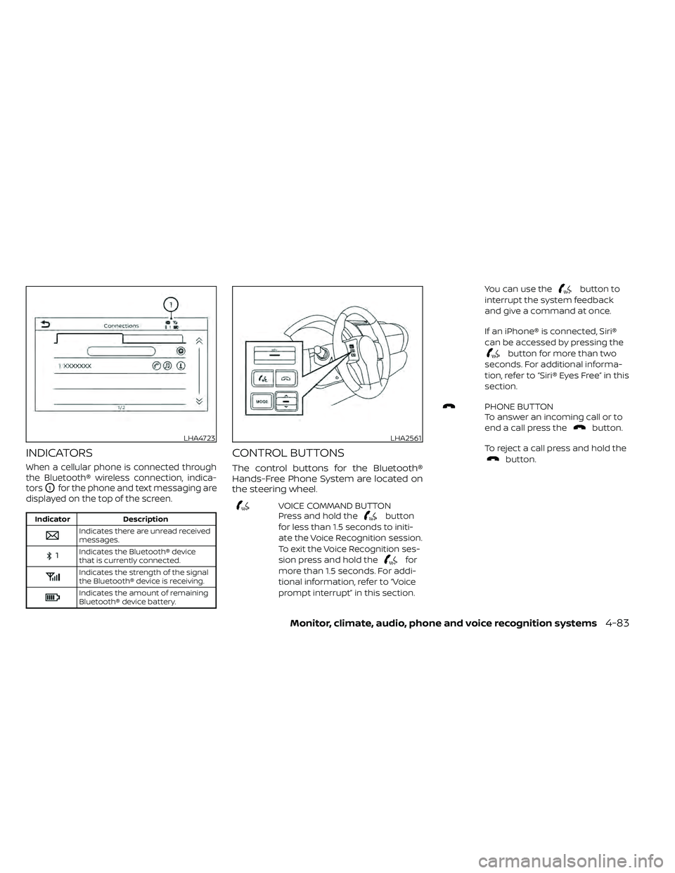 NISSAN FRONTIER 2021  Owners Manual INDICATORS
When a cellular phone is connected through
the Bluetooth® wireless connection, indica-
tors
O1for the phone and text messaging are
displayed on the top of the screen.
Indicates the Bluetoo