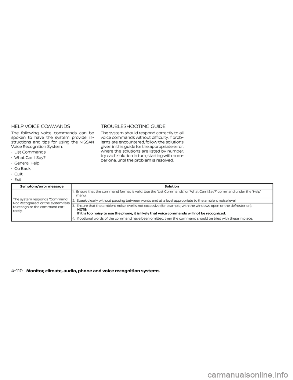 NISSAN FRONTIER 2021  Owners Manual HELP VOICE COMMANDS
The following voice commands can be
spoken to have the system provide in-
structions and tips for using the NISSAN
Voice Recognition System.
• List Commands
• What Can I Say?
