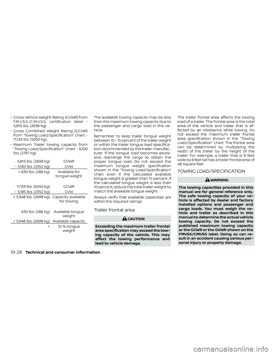 NISSAN FRONTIER 2021  Owners Manual • Gross Vehicle Weight Rating (GVWR) fromF.M.V.S.S./C.M.V.S.S. certification label -
5,815 lbs. (2638 kg).
• Gross Combined Weight Rating (GCWR) from “Towing Load/Specification" chart -
11,1