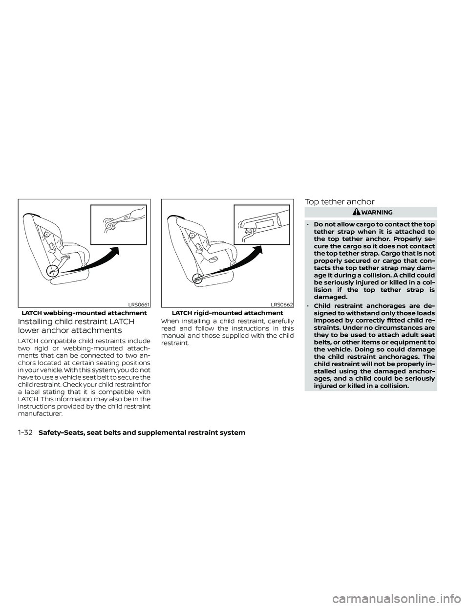 NISSAN FRONTIER 2021 Workshop Manual Installing child restraint LATCH
lower anchor attachments
LATCH compatible child restraints include
two rigid or webbing-mounted attach-
ments that can be connected to two an-
chors located at certain NISSAN FRONTIER 2021 Workshop Manual Installing child restraint LATCH
lower anchor attachments
LATCH compatible child restraints include
two rigid or webbing-mounted attach-
ments that can be connected to two an-
chors located at certain