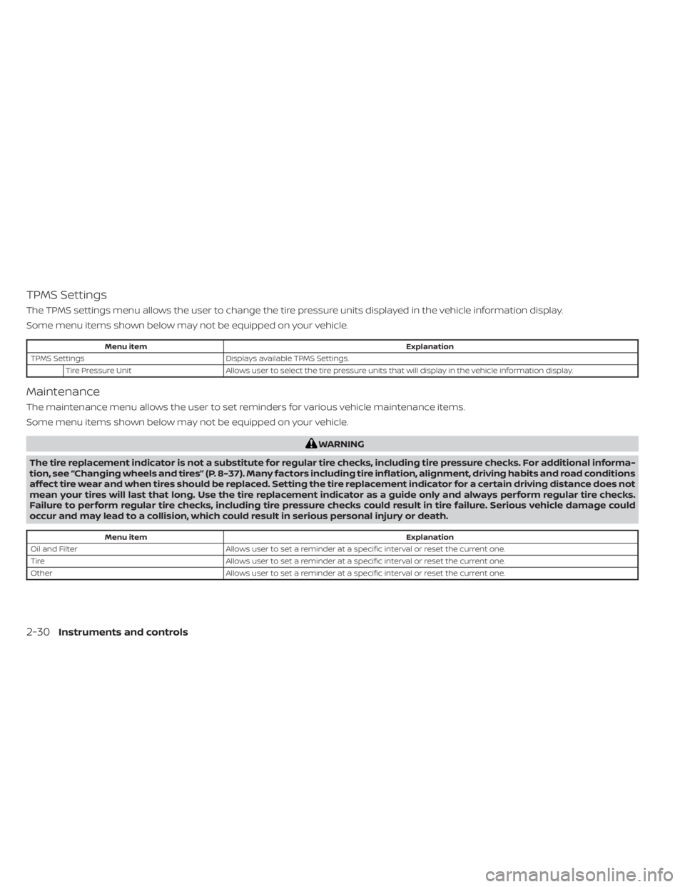 NISSAN KICKS 2023 Owners Manual TPMS Settings
The TPMS settings menu allows the user to change the tire pressure units displayed in the vehicle information display.
Some menu items shown below may not be equipped on your vehicle.
Me NISSAN KICKS 2023 Owners Manual TPMS Settings
The TPMS settings menu allows the user to change the tire pressure units displayed in the vehicle information display.
Some menu items shown below may not be equipped on your vehicle.
Me