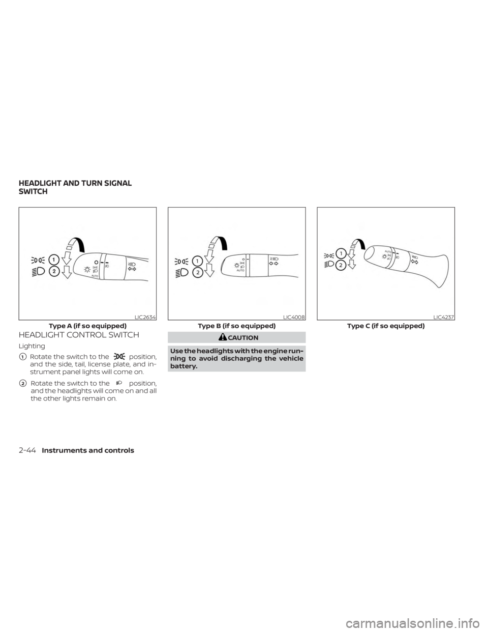 NISSAN KICKS 2023  Owners Manual HEADLIGHT CONTROL SWITCH
Lighting
1Rotate the switch to theposition,
and the side, tail, license plate, and in-
strument panel lights will come on.
2Rotate the switch to theposition,
and the headlig