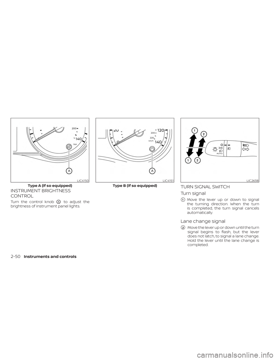 NISSAN KICKS 2023  Owners Manual INSTRUMENT BRIGHTNESS
CONTROL
Turn the control knobOAto adjust the
brightness of instrument panel lights.
TURN SIGNAL SWITCH
Turn signal
1Move the lever up or down to signal
the turning direction. Wh