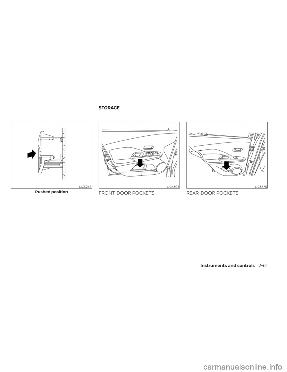 NISSAN KICKS 2023 Owners Manual FRONT-DOOR POCKETSREAR-DOOR POCKETS
LIC3268
Pushed position
LIC4303LIC3575
STORAGE
Instruments and controls2-61 NISSAN KICKS 2023 Owners Manual FRONT-DOOR POCKETSREAR-DOOR POCKETS
LIC3268
Pushed position
LIC4303LIC3575
STORAGE
Instruments and controls2-61
