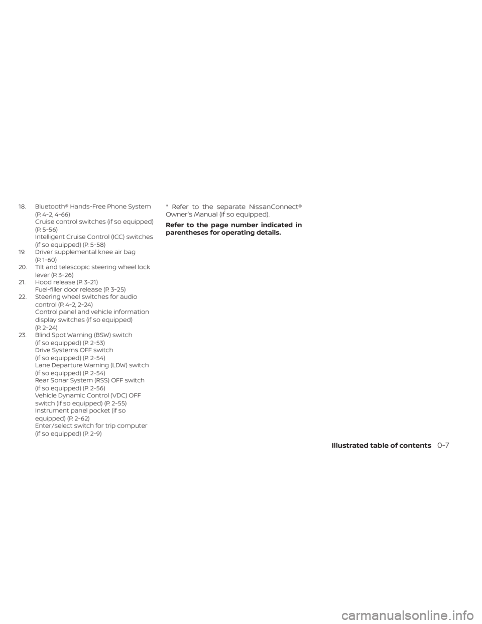 NISSAN KICKS 2023 User Guide 18. Bluetooth® Hands-Free Phone System(P. 4-2, 4-66)
Cruise control switches (if so equipped)
(P. 5-56)
Intelligent Cruise Control (ICC) switches
(if so equipped) (P. 5-58)
19. Driver supplemental kn NISSAN KICKS 2023 User Guide 18. Bluetooth® Hands-Free Phone System(P. 4-2, 4-66)
Cruise control switches (if so equipped)
(P. 5-56)
Intelligent Cruise Control (ICC) switches
(if so equipped) (P. 5-58)
19. Driver supplemental kn
