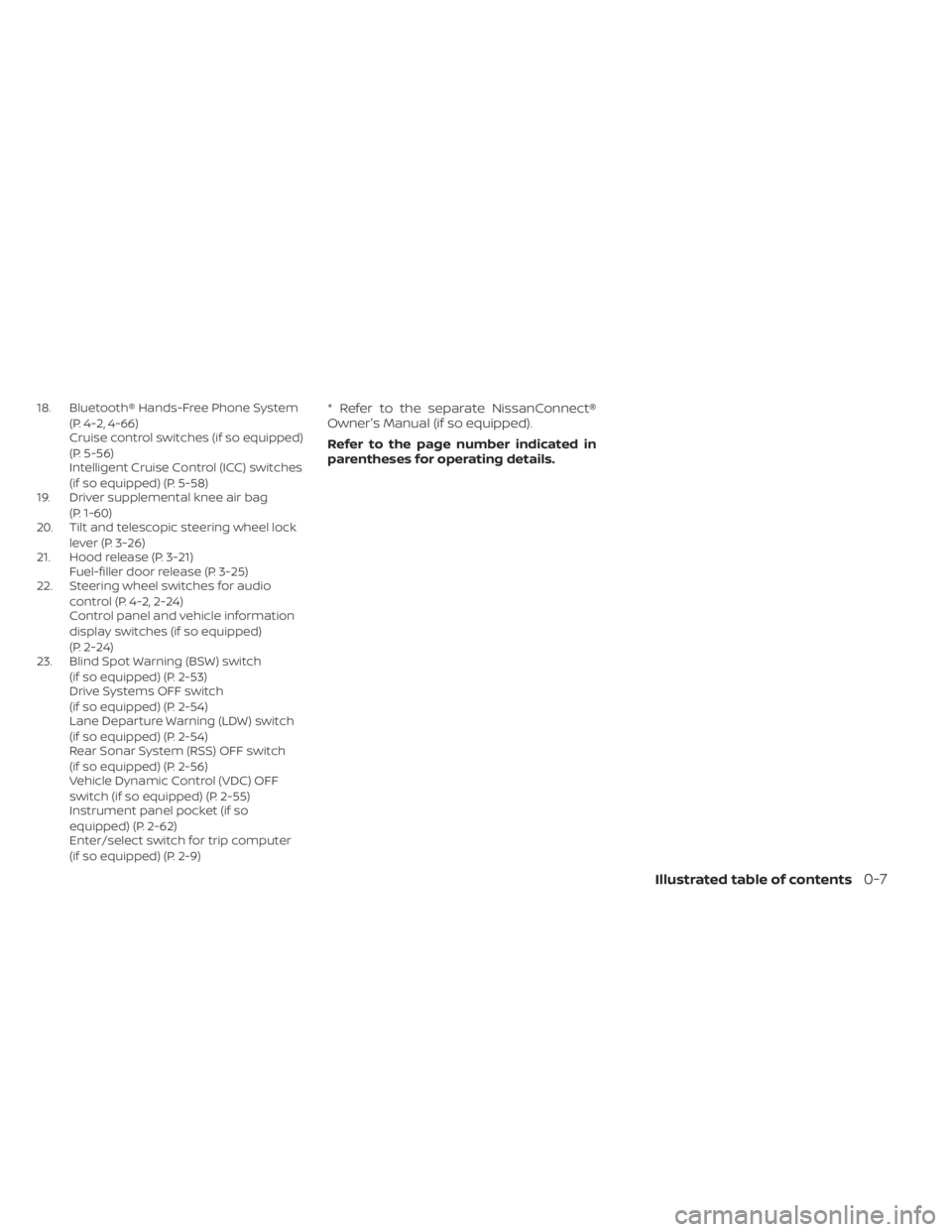 NISSAN KICKS 2023  Owners Manual 18. Bluetooth® Hands-Free Phone System(P. 4-2, 4-66)
Cruise control switches (if so equipped)
(P. 5-56)
Intelligent Cruise Control (ICC) switches
(if so equipped) (P. 5-58)
19. Driver supplemental kn